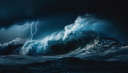 A large wave rises in the dark, stormy ocean, illuminated by lightning in the night
