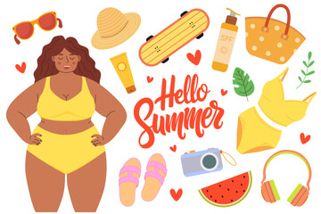 Set of illustrations for the summer, stickers for the diary. Black young woman in a yellow swimsuit. Vector cartoon flat illustration