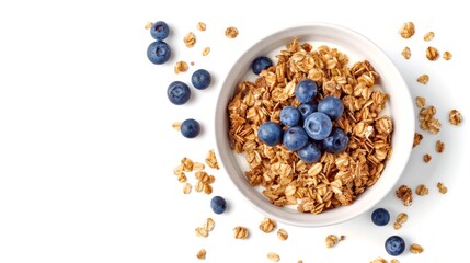 Top view of a healthy breakfast bowl with crunchy granola and fresh blueberries on a white background. Simple and tasty. Perfect for promoting healthy eating and clean lifestyles. AI