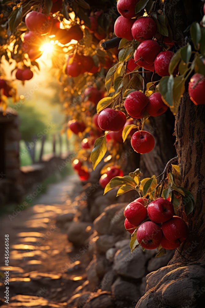 Wall mural stunning orchard with rows of trees, an abundance of red ripe apples on branches with green leaves, 
