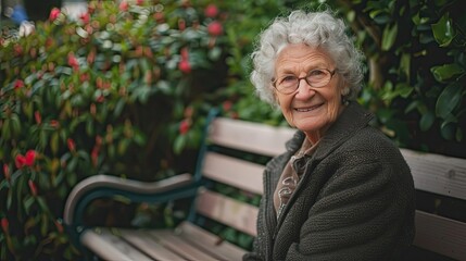Elderly woman with a warm smile, sitting on a garden bench with greenery around.