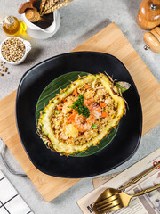 several photos of fried rice with various flavors
