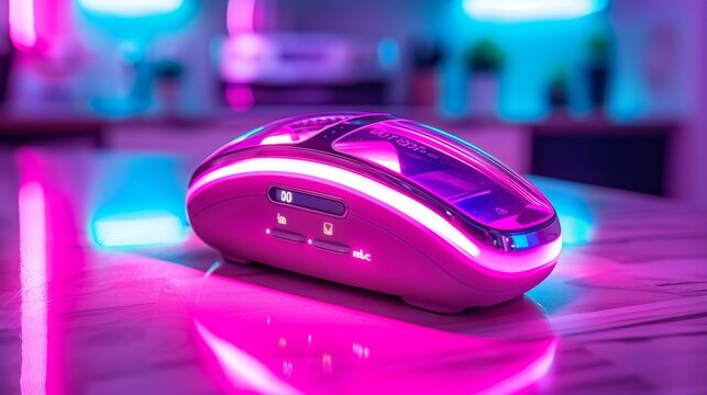 A pink and purple computer mouse sitting on a table with a purple background. The mouse has a purple light underneath it.