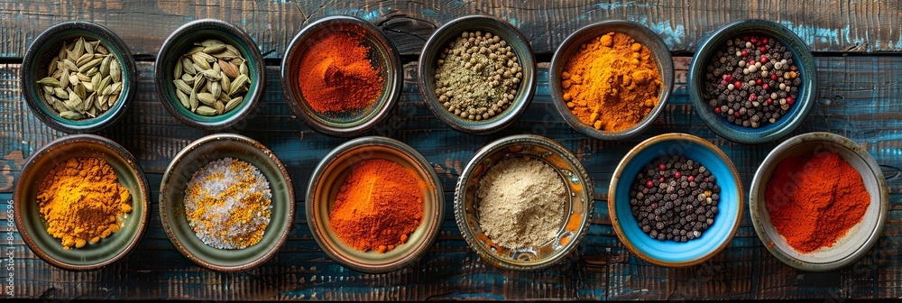 Poster An overhead shot of various colorful spices in ceramic bowls arranged on a rustic wooden table. Generative AI