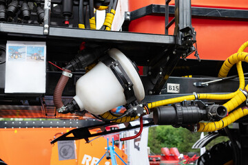 Fragment of yellow industrial diesel engine for electrical generator in power station