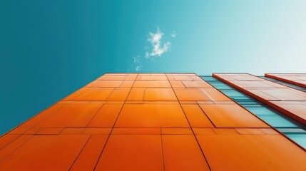 Metal sheets in orange hue Building with contemporary and simplistic design under clear blue sky