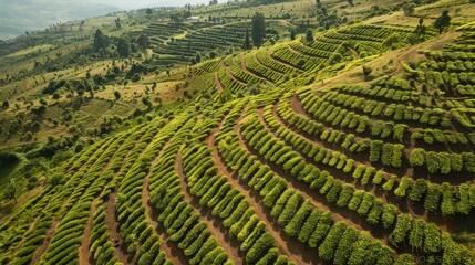 A Verdant Tapestry of Tea Plantations in the Morning Light