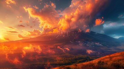 Dramatic view featuring a volcano covered in clouds and a golden sunset