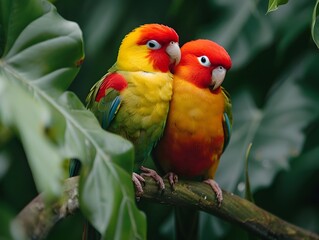 Obraz premium Lovebird Couple Nestled on Branch Surrounded by Vibrant Foliage
