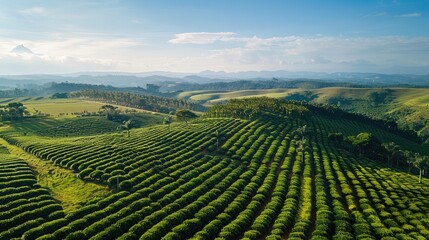 Fototapeta premium Serene Green Hills of Brazils Tea Plantation at Dawn