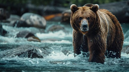 Obraz premium Powerful Grizzly Bear Fishing for Salmon in a Rushing River Capturing the Intensity of Nature s Untamed Wilderness