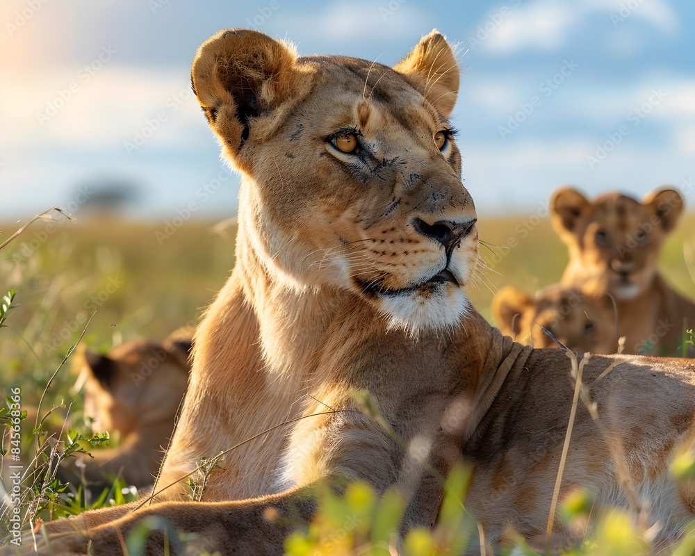 Wall mural A Watchful Lioness Overseeing Her Cubs in the Serene Savannah Landscape