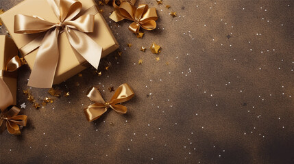 Gold fabric background. Xmas gold gift box and ribbon viewed from above. Text space empty for Merry Christmas and happy New Year. Horizontal banner, header for website. Vector illustration