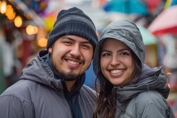 Portrait of a smiling latino couple in their 20s wearing a windproof softshell isolated in vibrant market street background
