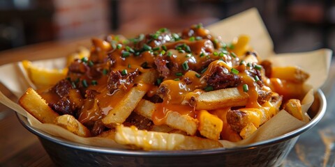 A mouth-watering serving of loaded fries topped with melted cheese, crispy bacon, and fresh chives, capturing the essence of comfort food and indulgence in a delectable presentation.