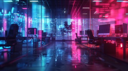 Fototapeta premium Modern neon cyberpunk open space office interior 