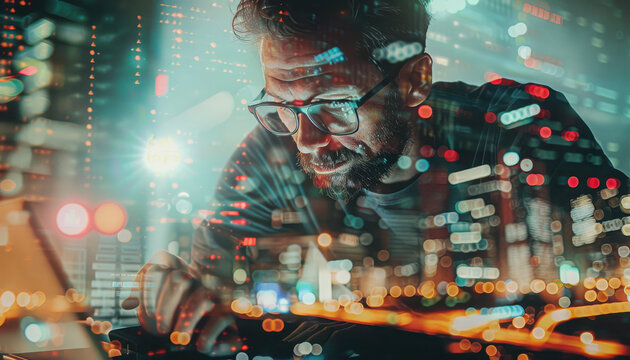 Business and technology, software development, IoT concept. Double exposure, man programmer, software developer working on digital tablet and smart city with binary, html computer code on screen