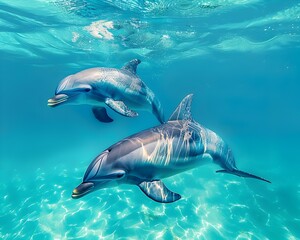 Fototapeta premium Pair of Graceful Dolphins Gliding Through Tranquil Blue Waters