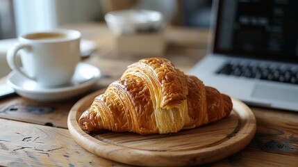 Freshly Baked Croissant on a Wooden Table With a Laptop and Coffee Cup