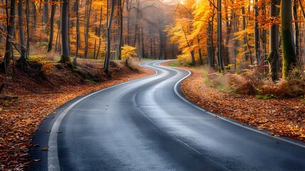 Fototapeta premium Scenic Autumn Countryside Road Through Vibrant Foliage Landscape