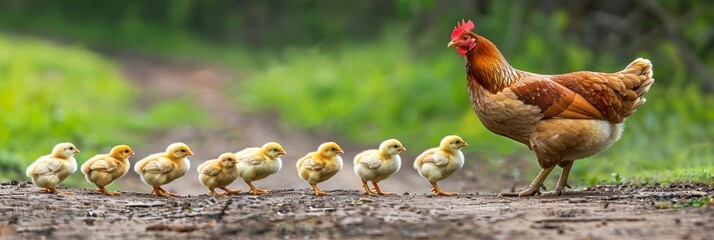 Mother hen with adorable baby chicks in serene and picturesque natural environment