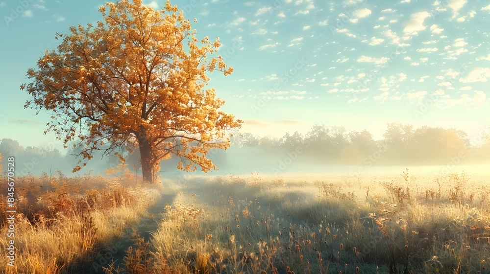 Sticker Peaceful Autumn Morning in the Countryside with Mist Rising Over the Fields