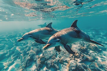 Obraz premium Three Dolphins Swimming Over Coral Reef In Tropical Ocean