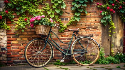 Fototapeta premium A vintage bicycle leaning against a weathered brick wall covered in ivy, with a basket of fresh flowers in the front, exuding a nostalgic charm and timeless appeal that resonates with lovers