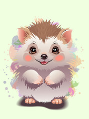 Cute hedgehog with colorful blots on a light green background