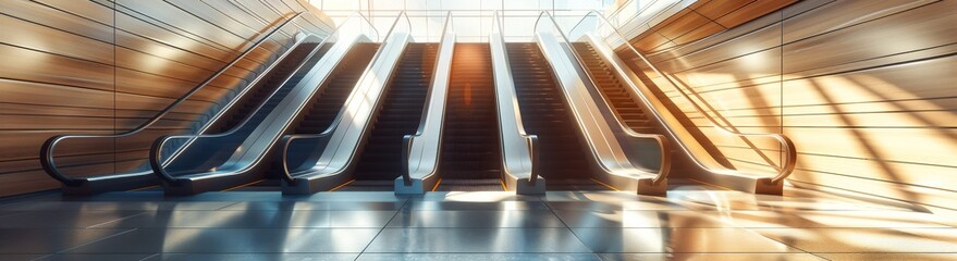 Five Modern Escalators in a Brightly Lit Indoor Space