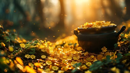  A shiny golden pot nestled among green trees 