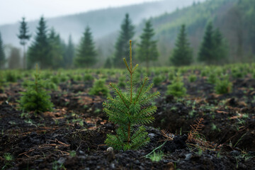 A young fir or pine tree growing in a misty, deforested landscape, mountainous background. a lonely, hopeful quality, ideal for discussions on reforestation, afforestation and environmental recovery.