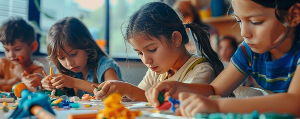Kids creating homemade toys for National Toy Store Day, October 19th, using recycled materials, 4K hyperrealistic photo.