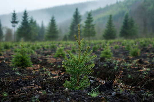 A young fir or pine tree growing in a misty, deforested landscape, mountainous background. a lonely, hopeful quality, ideal for discussions on reforestation, afforestation and environmental recovery.