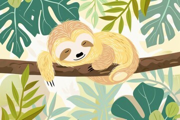 Obraz premium Cartoon sloth relaxing on tree branch surrounded by lush greenery and plants in natural setting