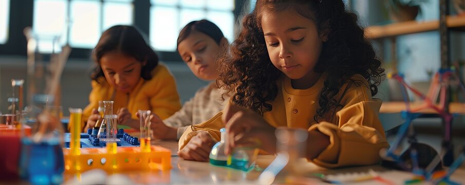 Kids making science projects for National STEM/STEAM Day, November 8th, engaging in hands-on learning, 4K hyperrealistic photo.