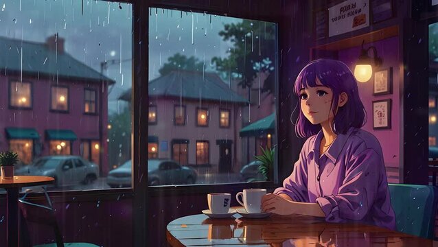 Cute Lofi girl Sad  moody Summer Urban day night light Cafe, 2D Japanese Lo-fi Anime style 4K Seamless loop hip-hop chill vibes Relaxing music lofi bites animation