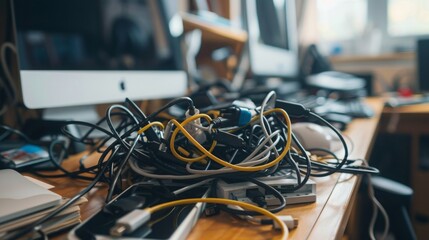 A close-up of a desk with a mess of tangled computer cables and cords, highlighting the common problem of cable management in modern workspaces.