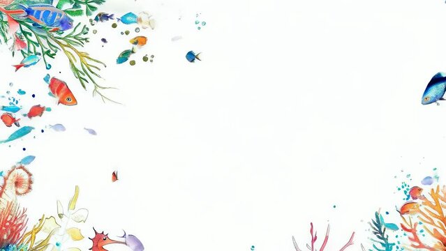 A vibrant illustration showcases various fish and coral in an underwater scene. The lively colors create a cheerful mood, with fish swimming in different directions