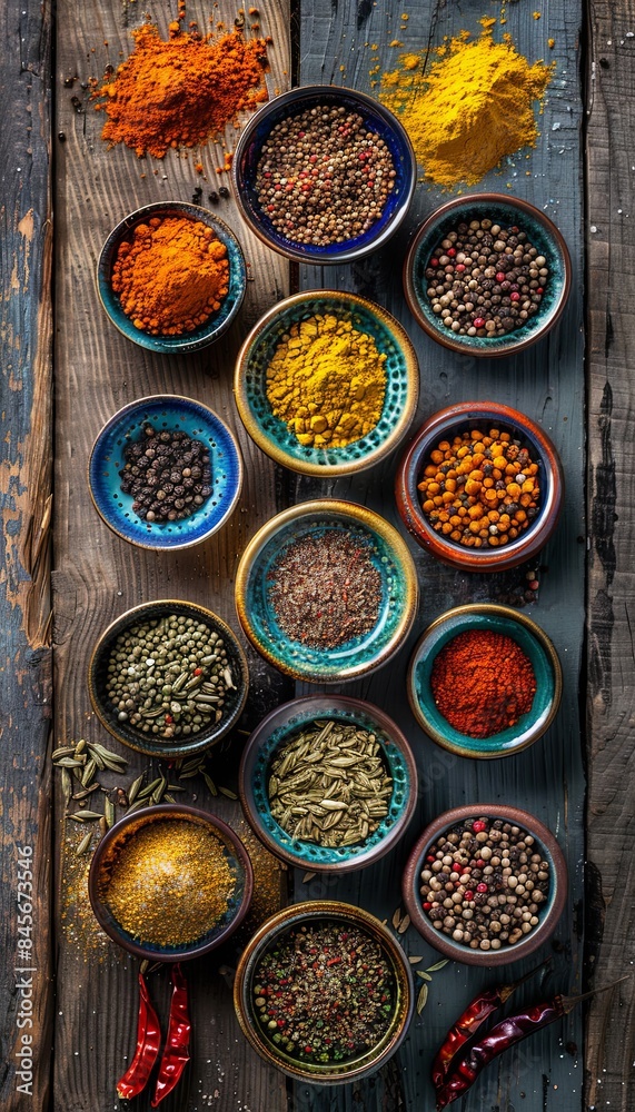 Poster a top-down view of colorful spices arranged in ceramic bowls on a rustic wooden surface. the spices 
