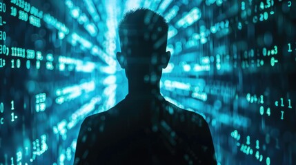 A hacker silhouette against a backdrop of glowing digital circuits and binary code, with a menacing expression and a sense of stealth and intrigue, capturing the essence of cyber espionage and data
