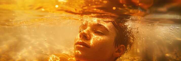Fototapeta premium A young boy seeks relief from a heatwave by immersing himself in cool water - cooling off in the summer