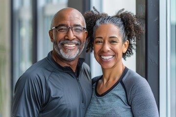 Fototapeta premium Portrait of a smiling multicultural couple in their 50s wearing a moisture-wicking running shirt in front of sophisticated corporate office background