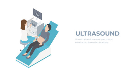 Ultrasound isometric illustration. Medical concept with doctor and patient ultrasound examination.