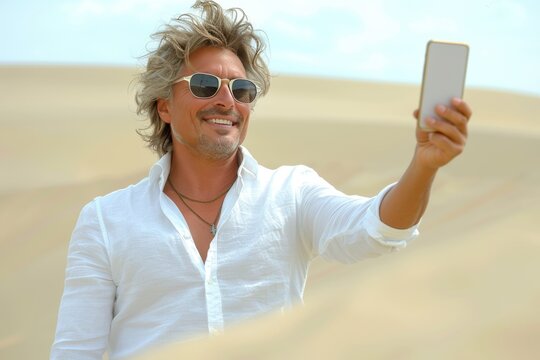 Smiling man taking a selfie in desert under bright daylight, capturing a joyous moment