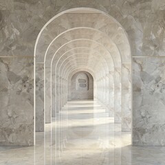 Obraz premium Marble hallway with arched doorways creating a serene and infinite perspective, reflecting light and shadows perfectly.
