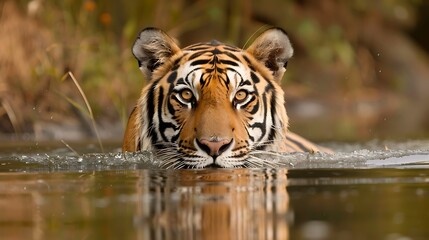 Naklejka premium A beautiful and wild bengal tiger in water