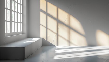 Fototapeta premium Minimalistic delicate light white background for product presentation with light and shadow on the wall