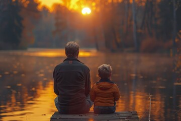 Father and Son Sitting on Dock at Sunset by Water