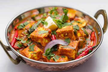 Fototapeta premium Restaurant-style paneer tika masala in a balti dish on a white background, traditional Indian food, capsicum, onion, butter, carrot, chilies, parsley, paneer kadai 